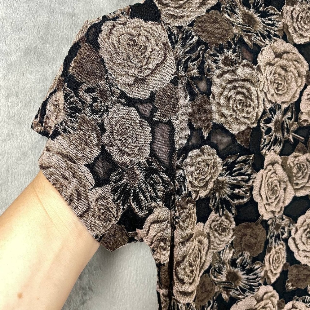 Vintage Black Brown Floral Rose Mock Neck Top Short Sleeve Y2K Grunge Large - Picture 6 of 7